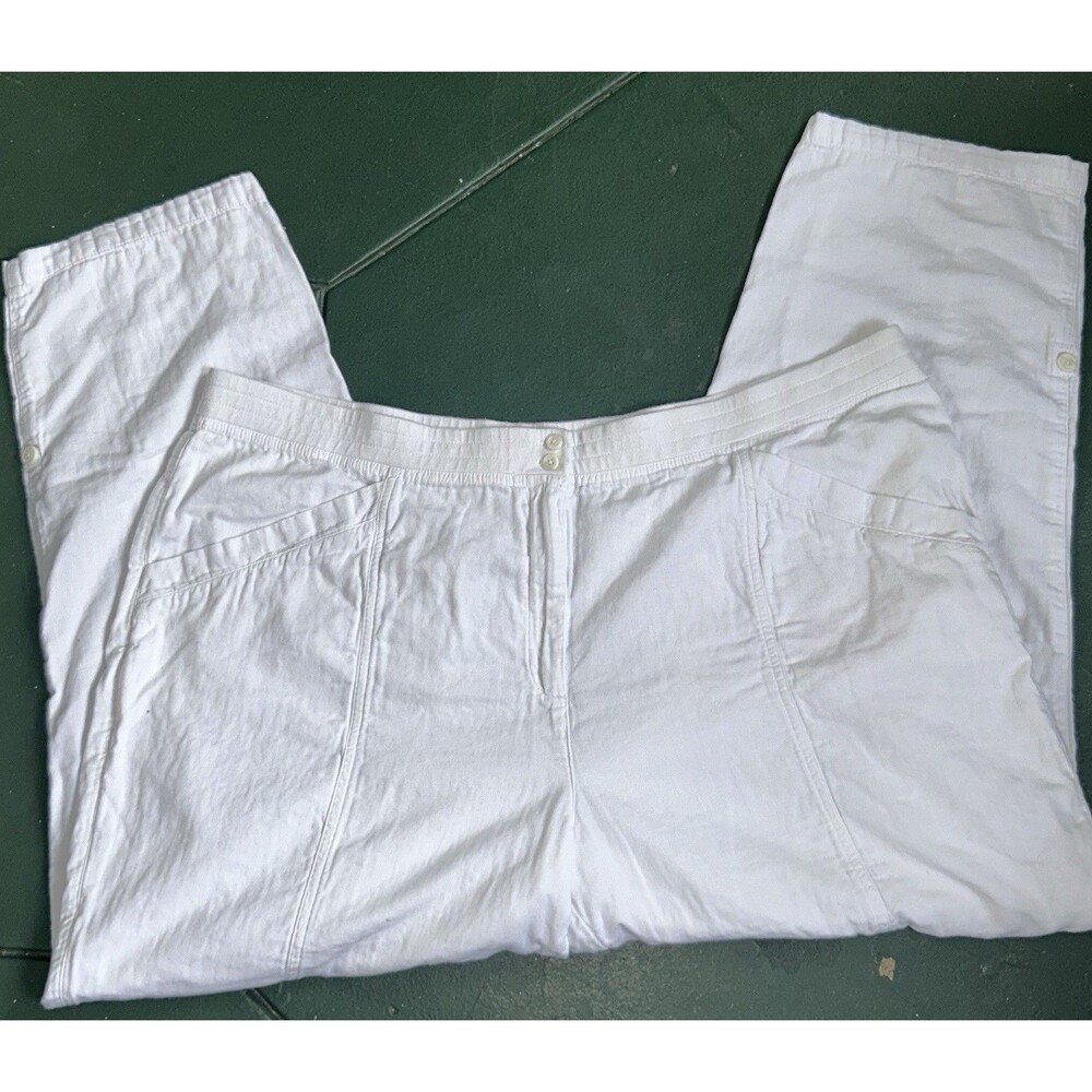 J Jill Linen Capri Pants Size 4x White w/ Pockets & Button Cuff SOFT & Light 4XL